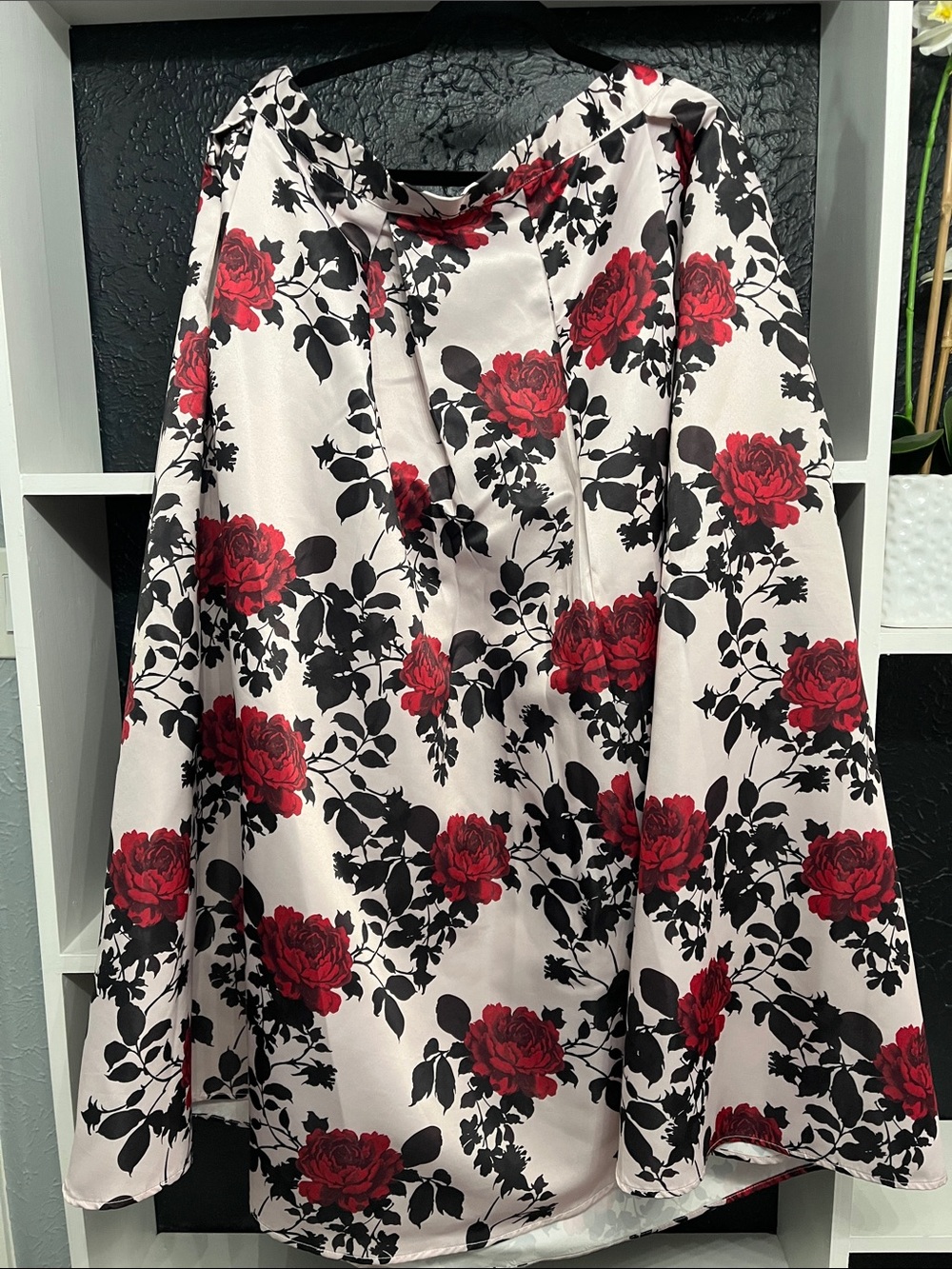 Red Rose Print A-Line Skirt - Women's Floral Skirt 3XL